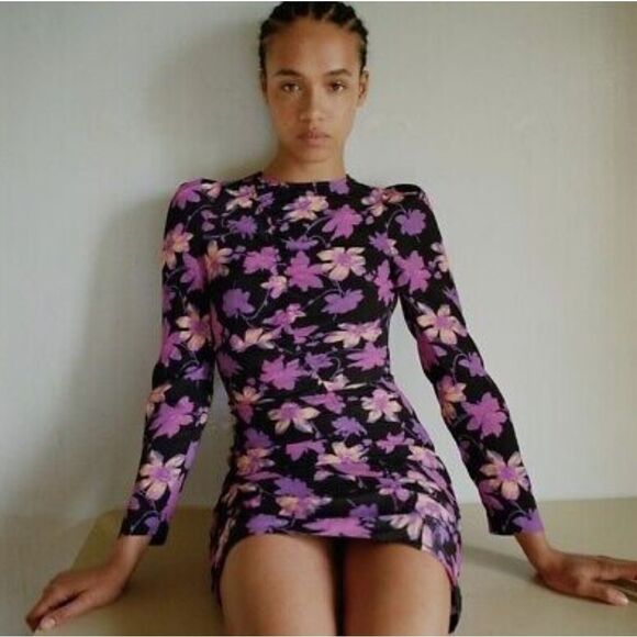 Maje Rosamar Floral Asymmetric Ruched Long Sleeve Mini Dress in Violet Fuchsia - Picture 1 of 16